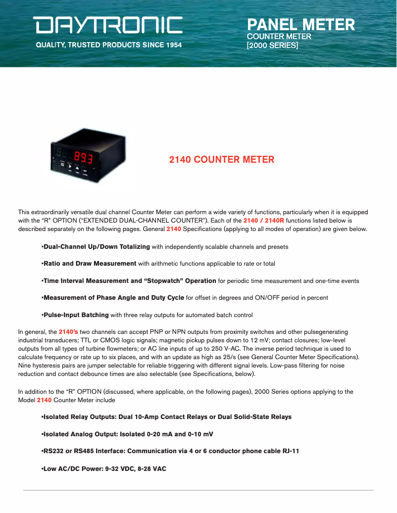 Page 1 de la notice Fiche technique Daytronic 2140R