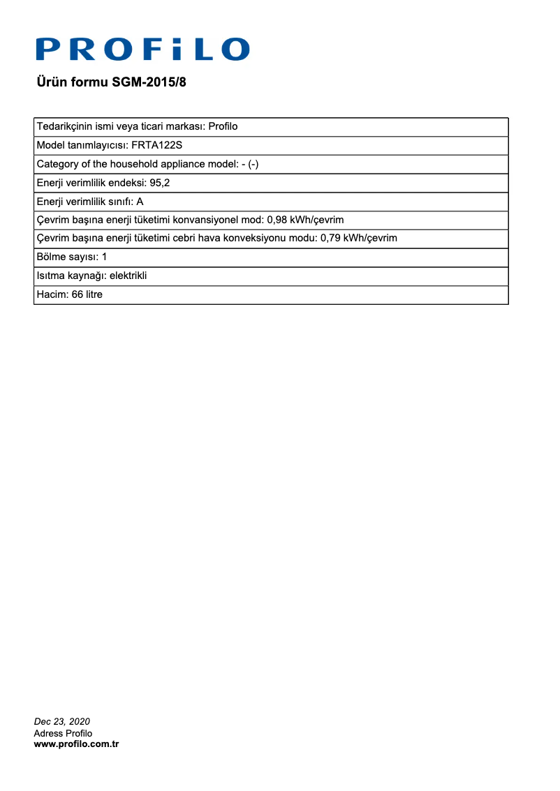 Page 1 de la notice Mode d'emploi Profilo FRTA122S
