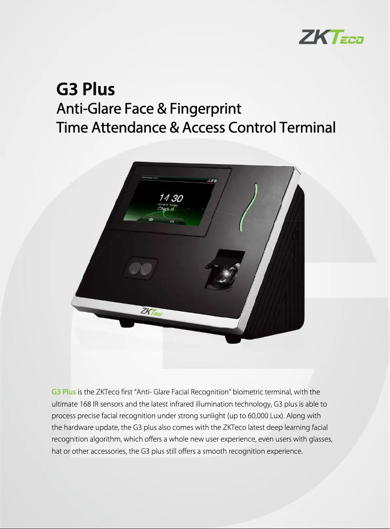 Page 1 de la notice Fiche technique ZKTeco G3 Plus