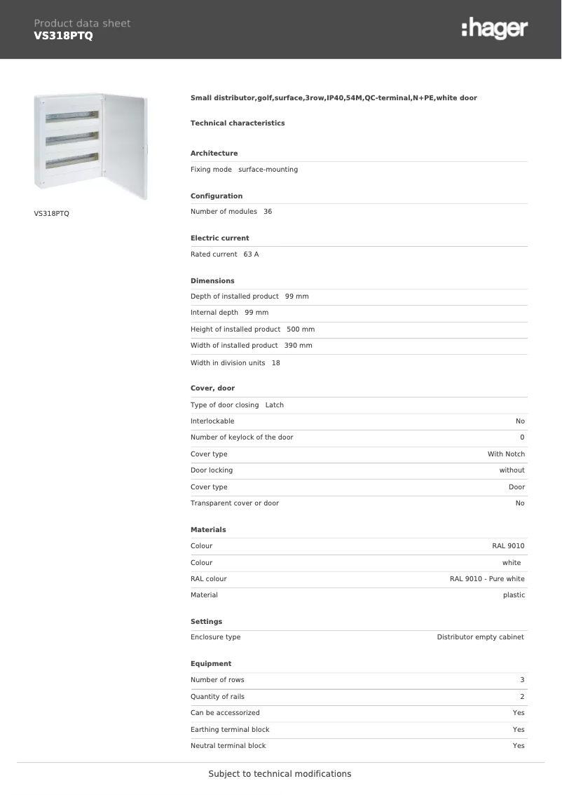 Page 1 de la notice Fiche technique Hager VS318PTQ