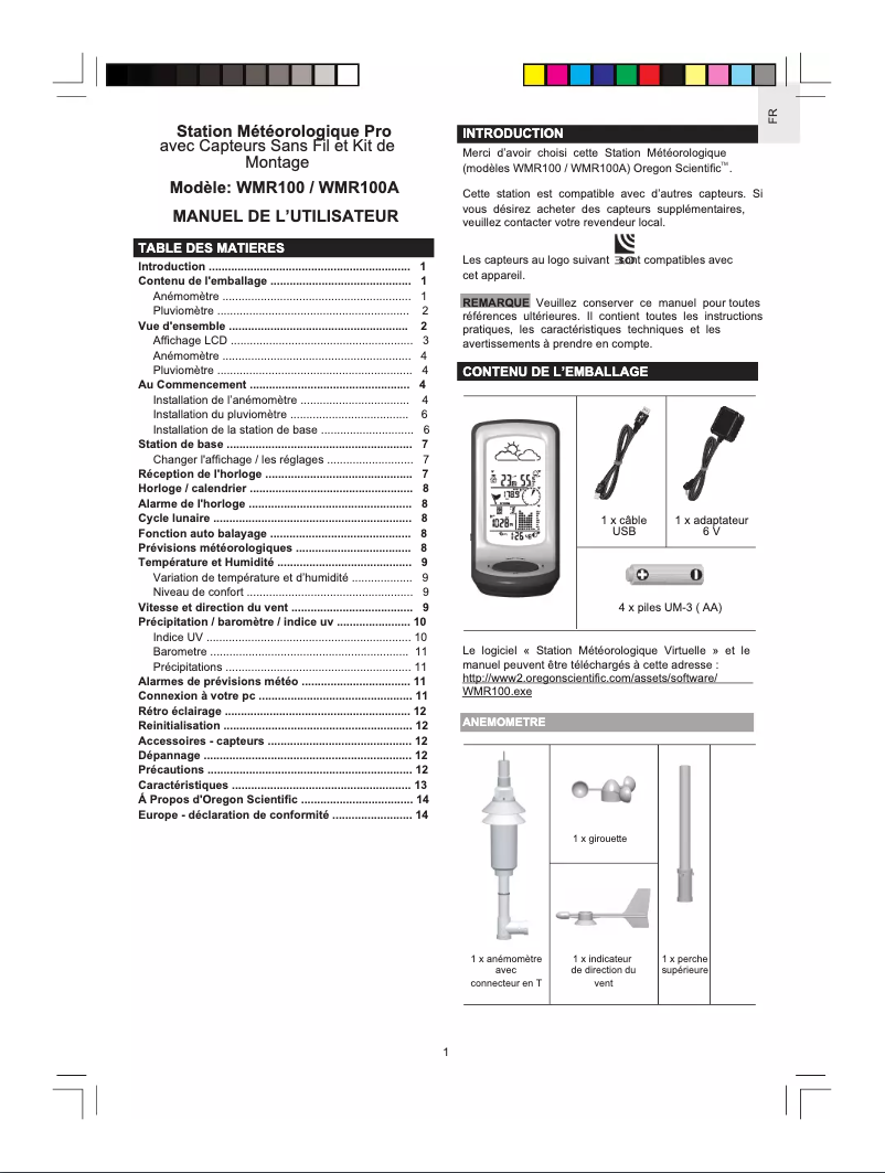 Page 1 de la notice Manuel utilisateur Oregon Scientific WMR100A