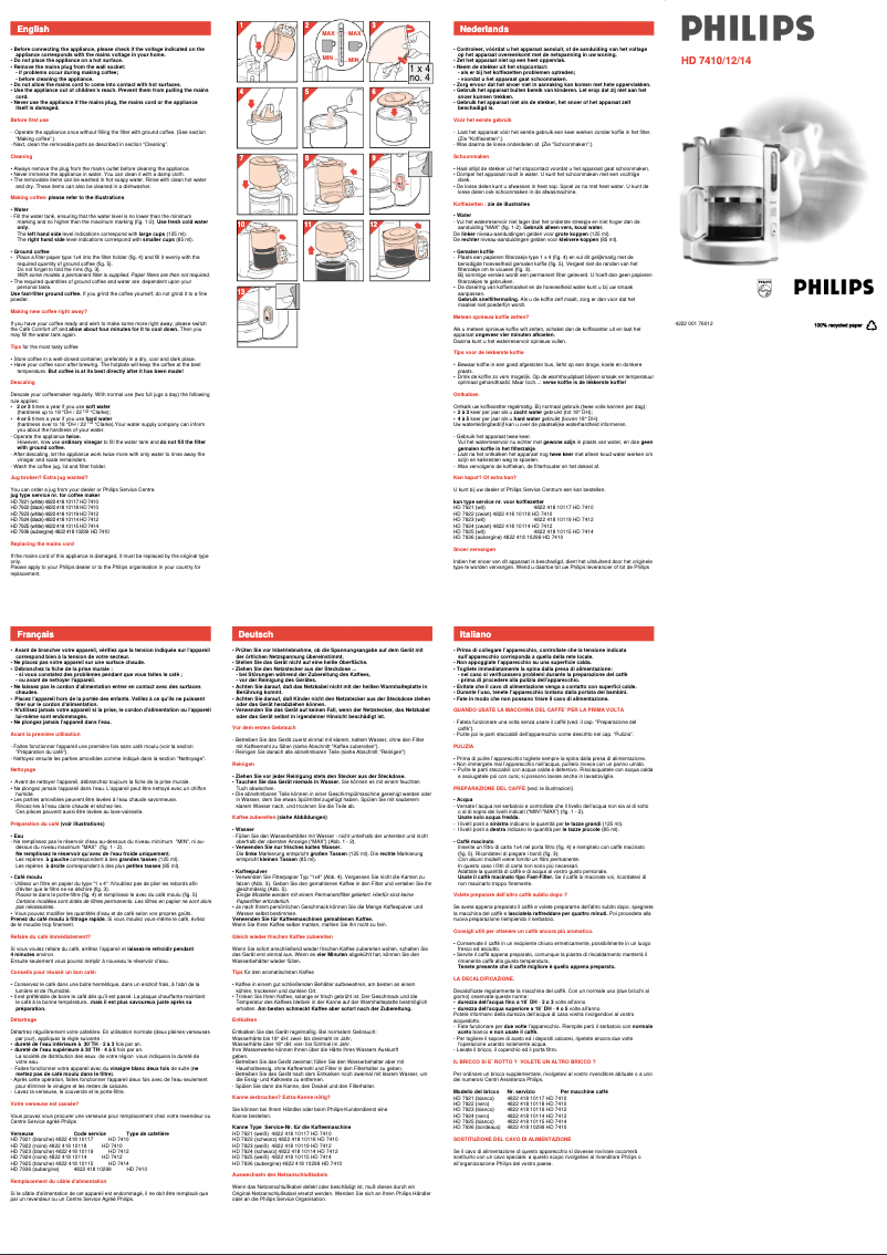 Page 1 de la notice Manuel utilisateur Philips Cafe Comfort HD7410