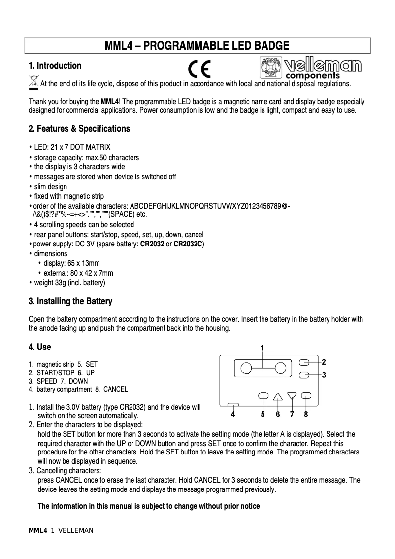 Page 1 de la notice Manuel utilisateur Velleman MML4