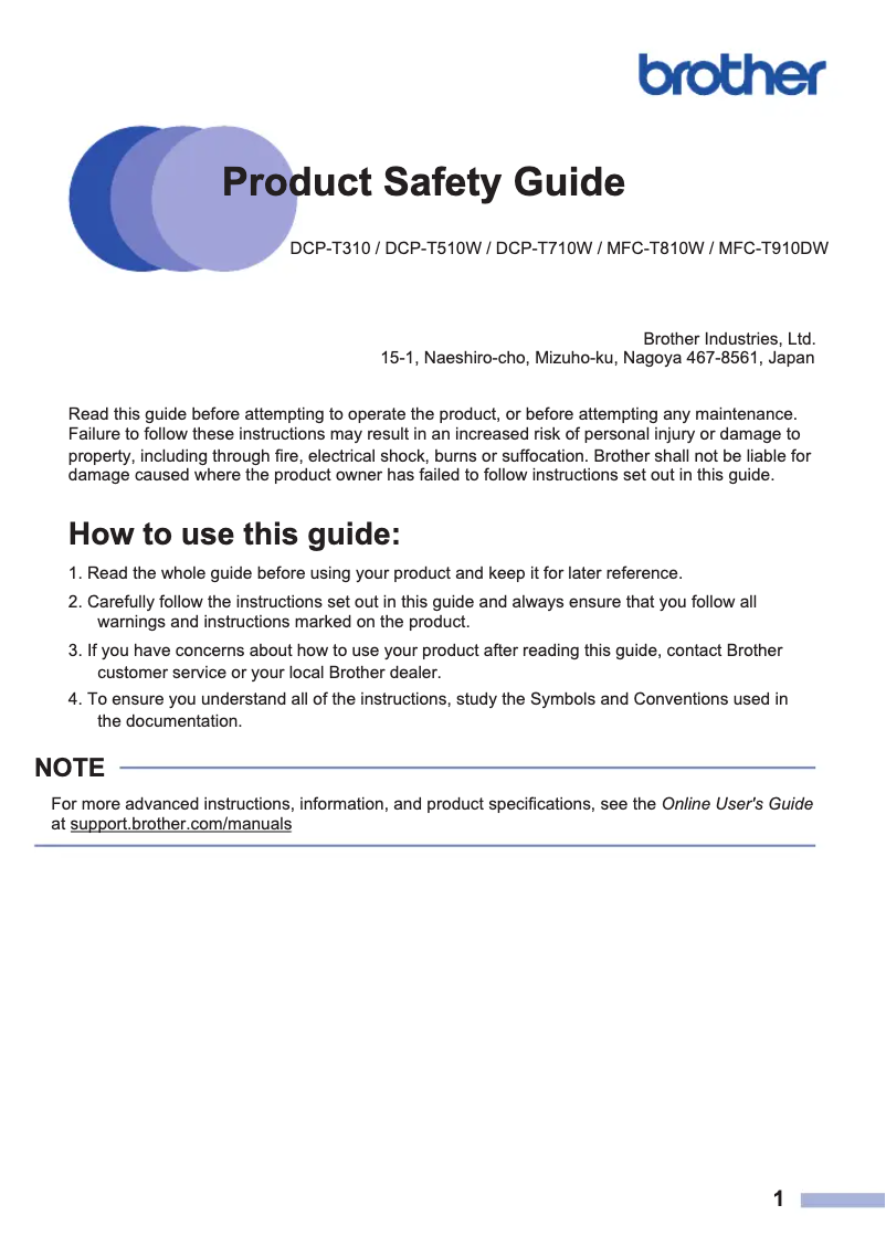 Page n°1 - Instructions de sécurité Brother MFC-T910DW