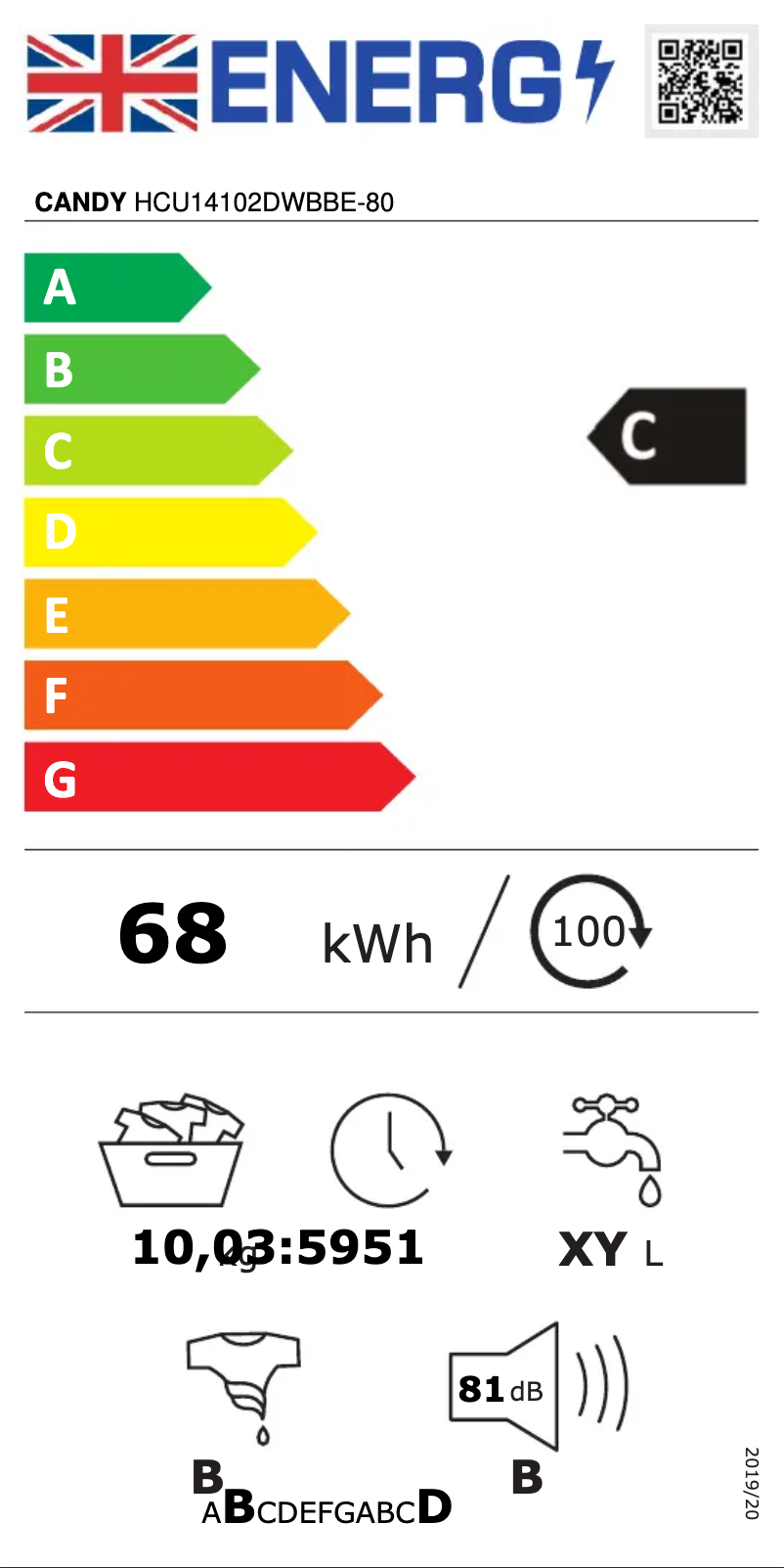Page n°1 - Label énergétique Candy HCU14102DWBBE-80