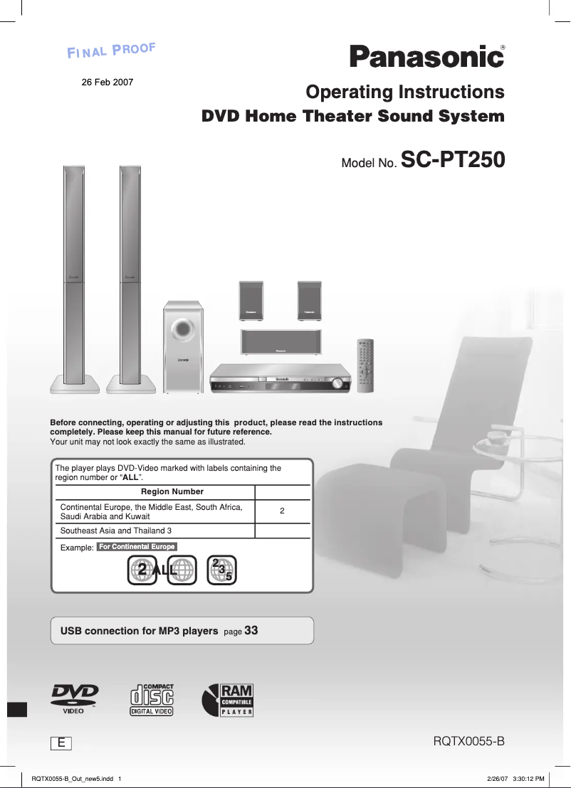Page 1 de la notice Manuel utilisateur Panasonic SC-PT250EE-S
