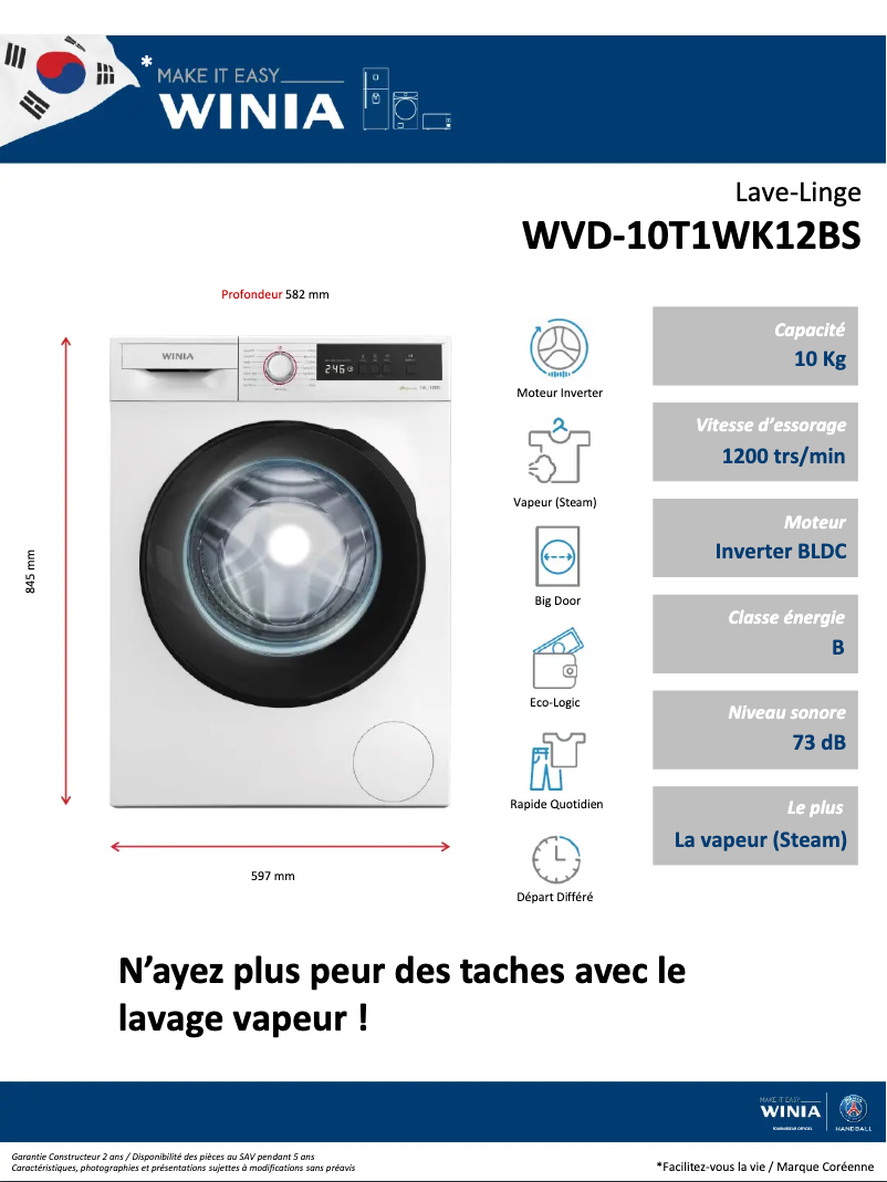 Page n°1 - Fiche technique Winia WVD-10T1WK12BS