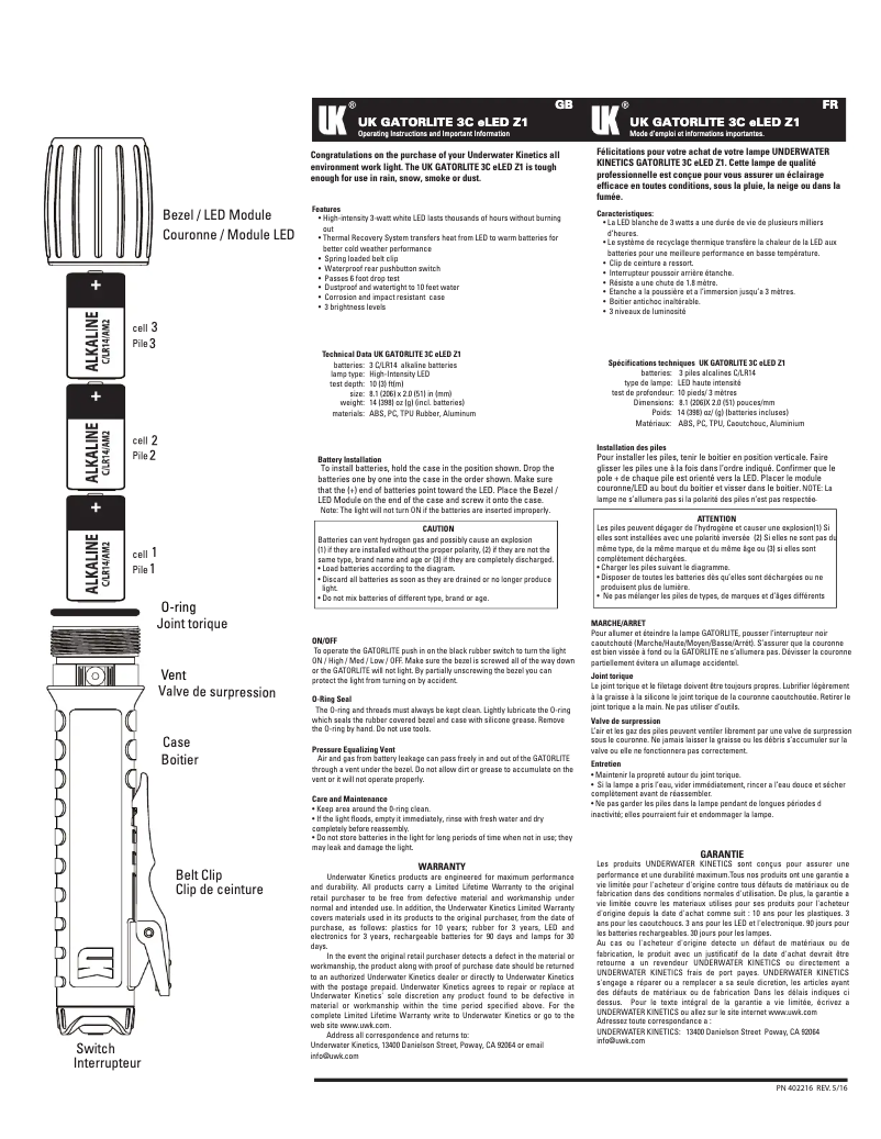 Page n°1 - Manuel utilisateur Underwater Kinetics Gatorlite eLED Z1