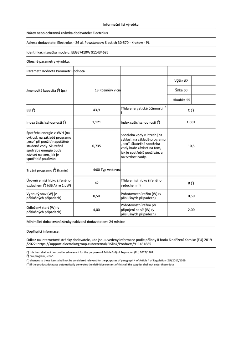 Page 1 de la notice Fiche technique Electrolux EEG67410W