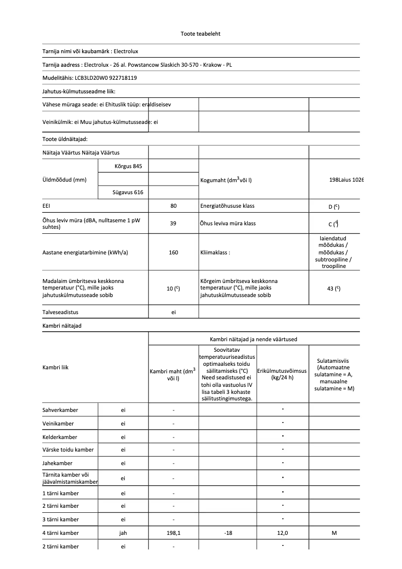 Page n°1 - Fiche technique Electrolux LCB3LD20W0
