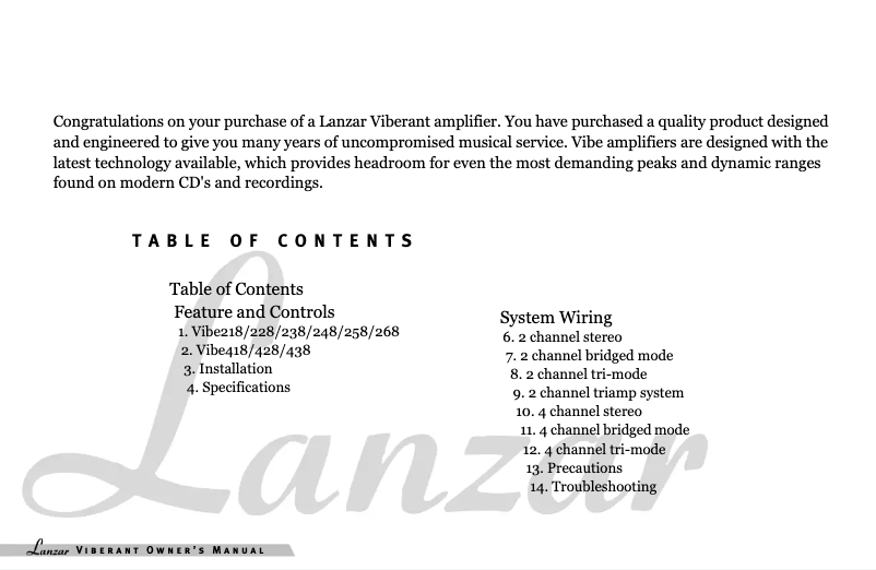 Page n°1 - Manuel utilisateur Lanzar VIBE 258