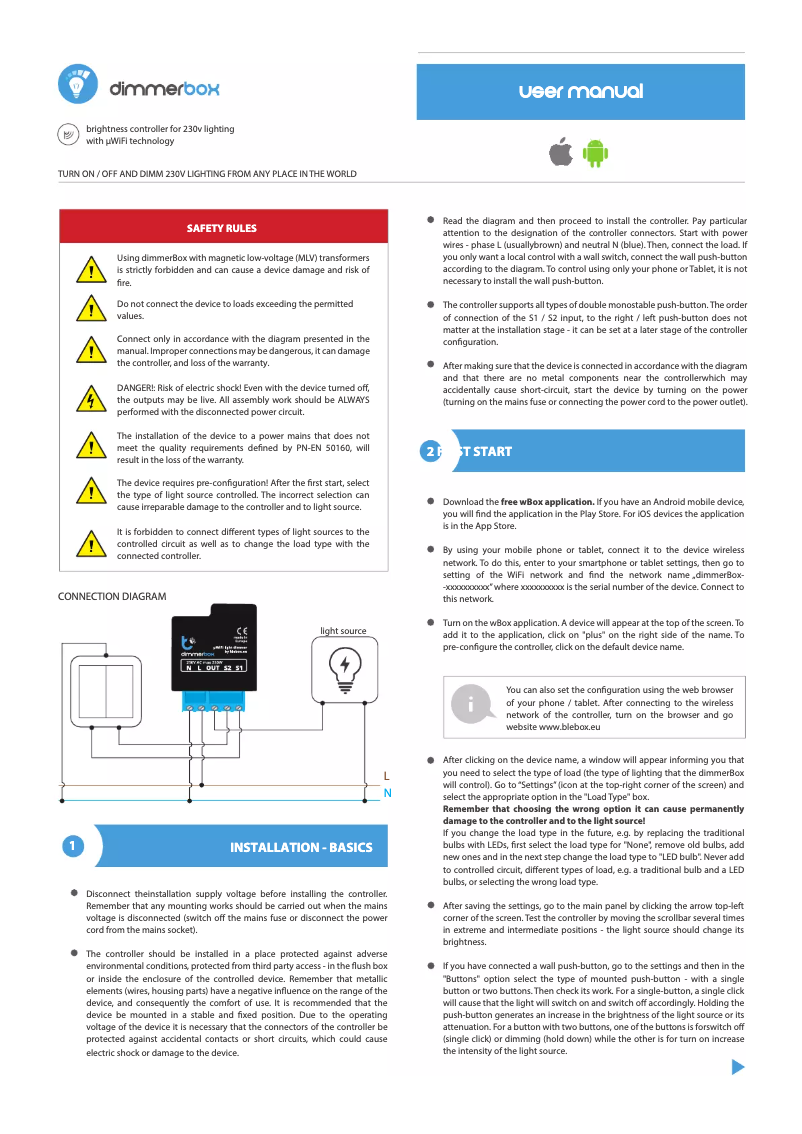 Page 1 de la notice Manuel utilisateur Blebox dimmerBox