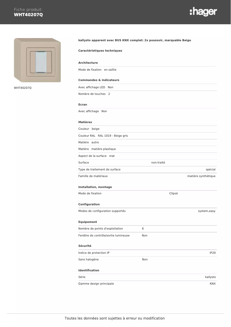 Page 1 de la notice Fiche technique Hager WHT40207Q