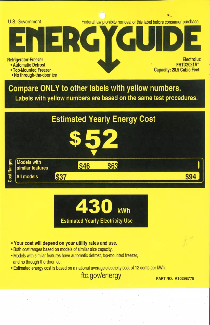 Page 1 de la notice Label énergétique Frigidaire FRTD2021AW