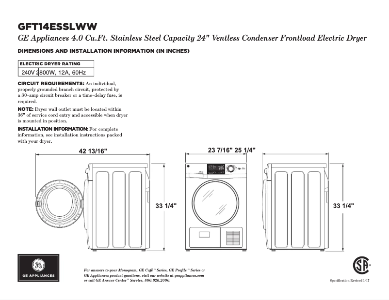 Page 1 de la notice Fiche technique GE GFT14ESSLWW