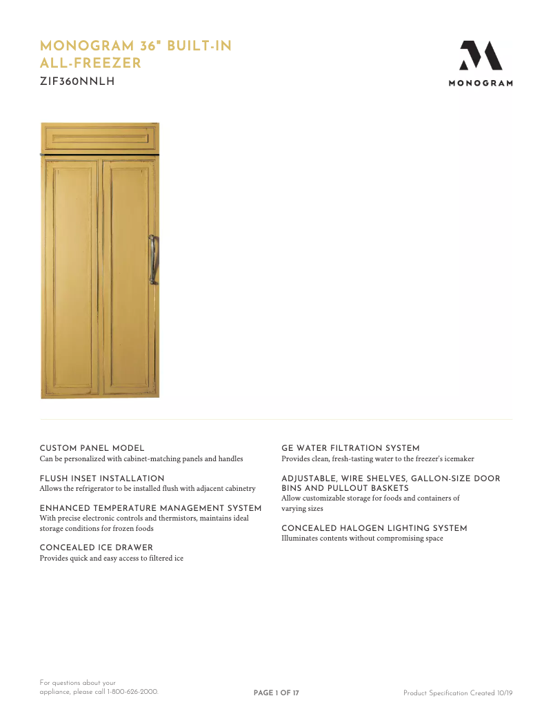 Page 1 de la notice Fiche technique Monogram ZIF360NNLH