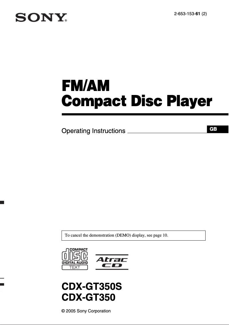 Image de la première page du manuel de l'appareil CDX-GT350S