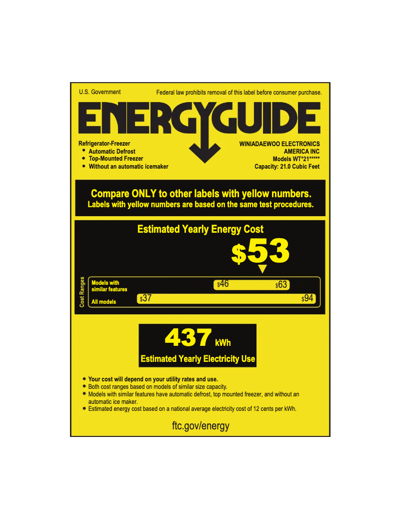 Page 1 de la notice Label énergétique Winia WTE21GSWMD