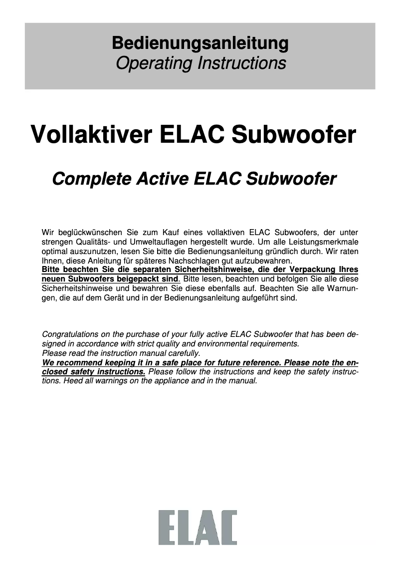 Page 1 de la notice Mode d'emploi ELAC Muro SUB2010