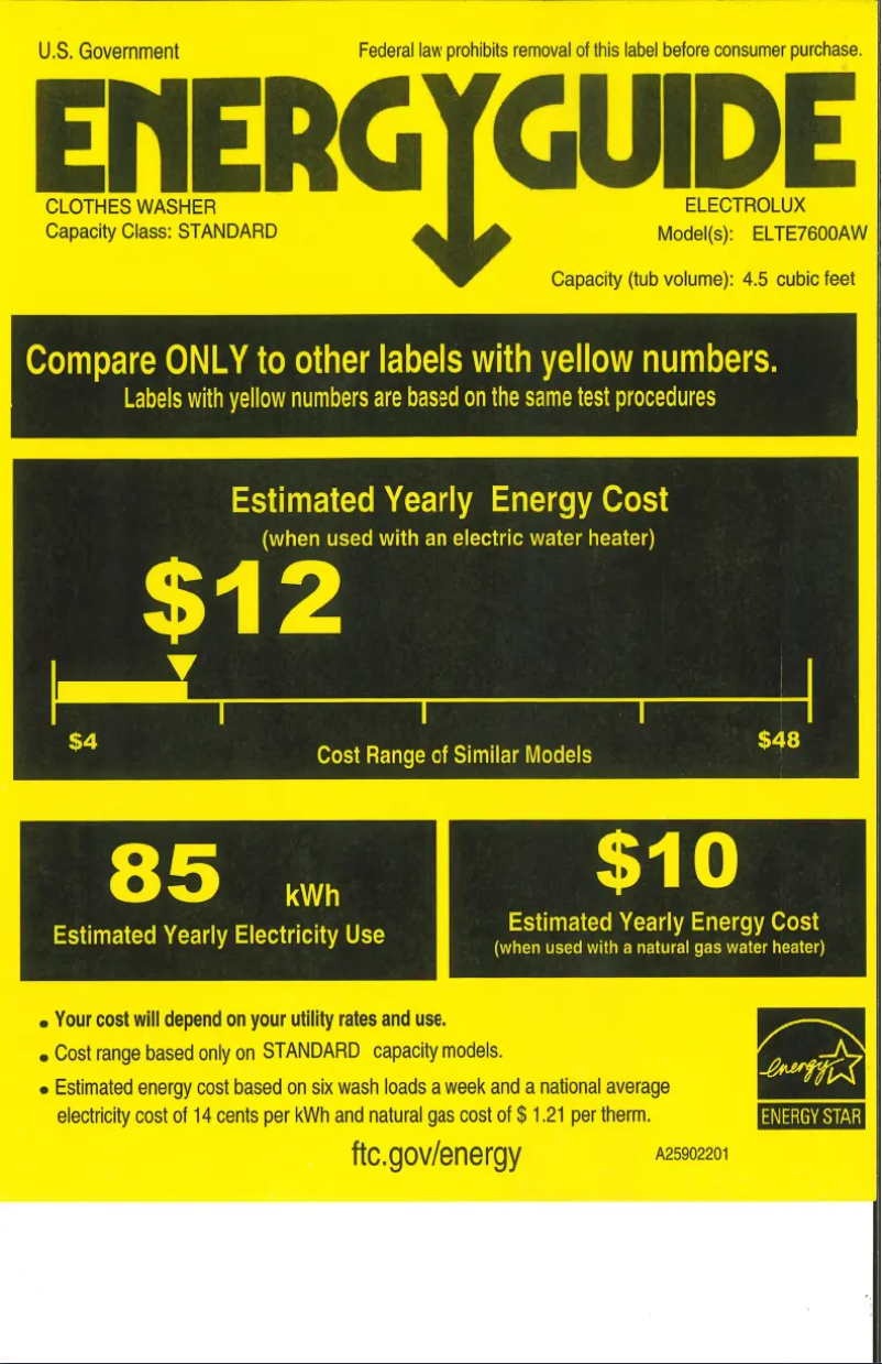 Page 1 de la notice Label énergétique Electrolux ELTE7600AW