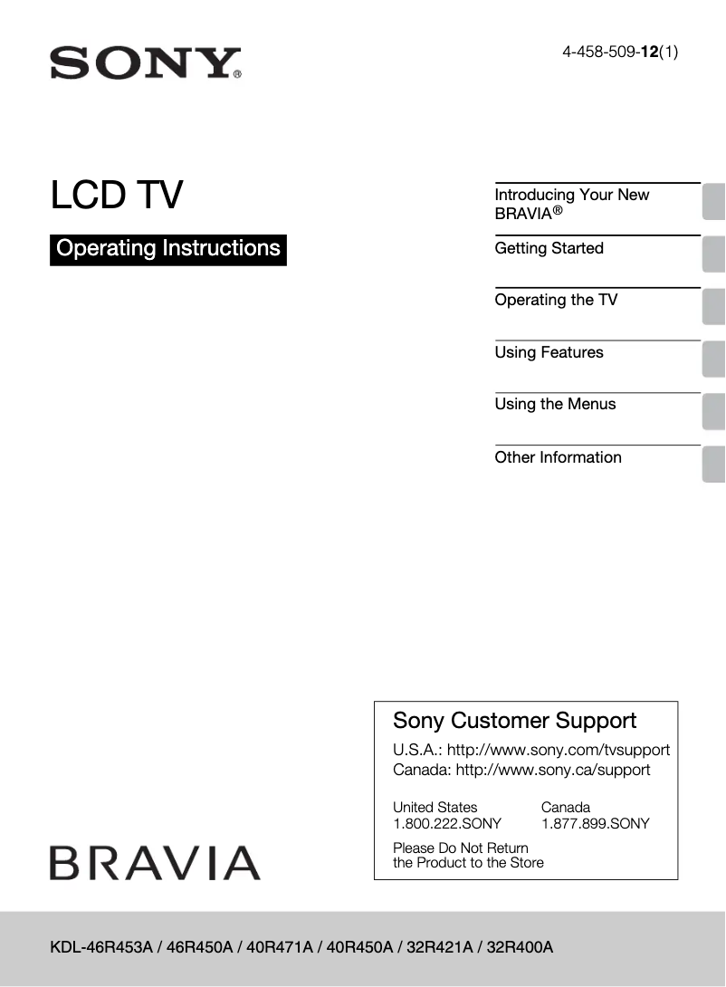 Page 1 de la notice Manuel utilisateur Sony Bravia KDL-40R450A