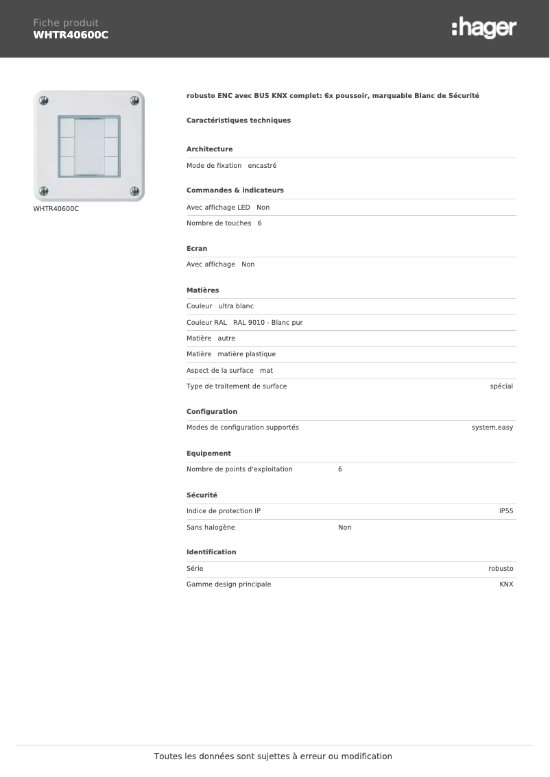 Page 1 de la notice Fiche technique Hager WHTR40600C