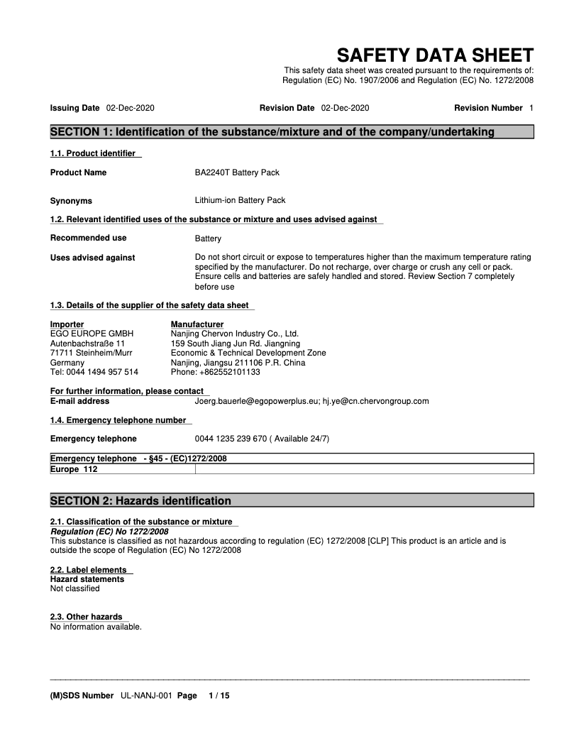 Page 1 de la notice Instructions de sécurité EGO BA2240T