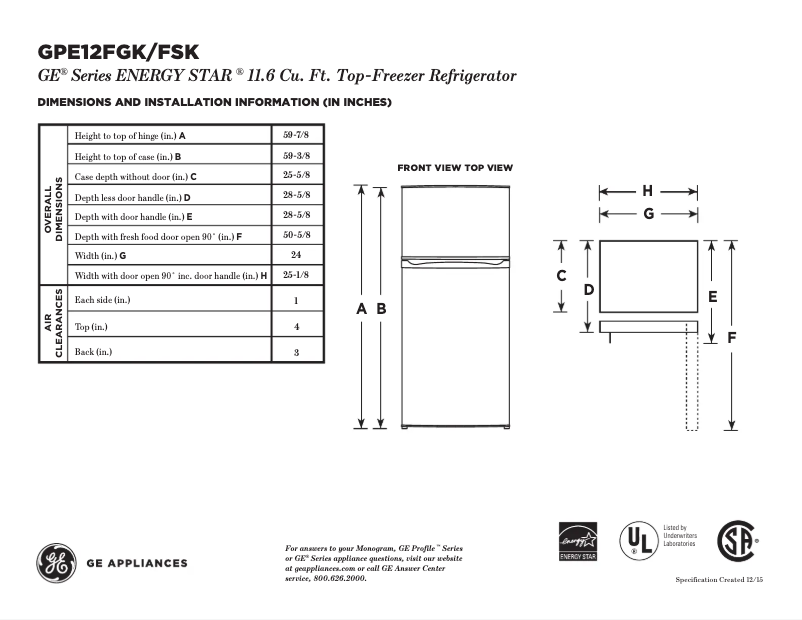 Page 1 de la notice Fiche technique GE GPE12FGKWW