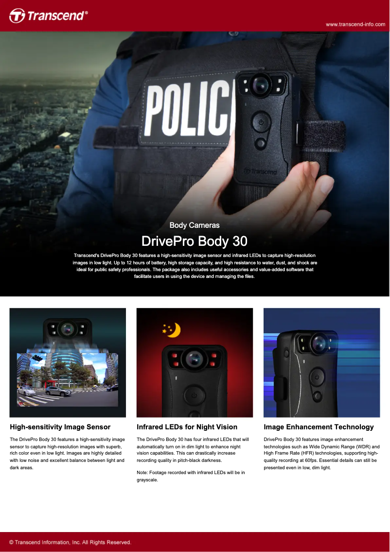 Page 1 de la notice Fiche technique Transcend DrivePro Body 30