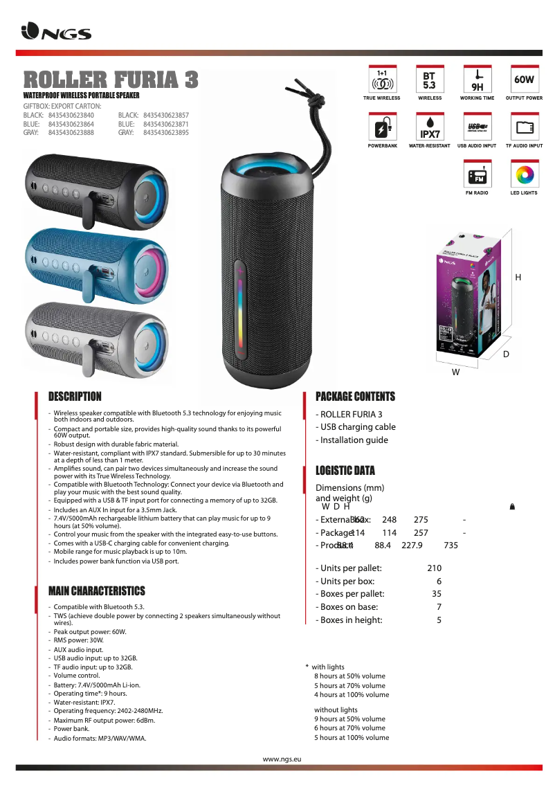 Página 1 del manual Ficha técnica NGS Roller Furia 3