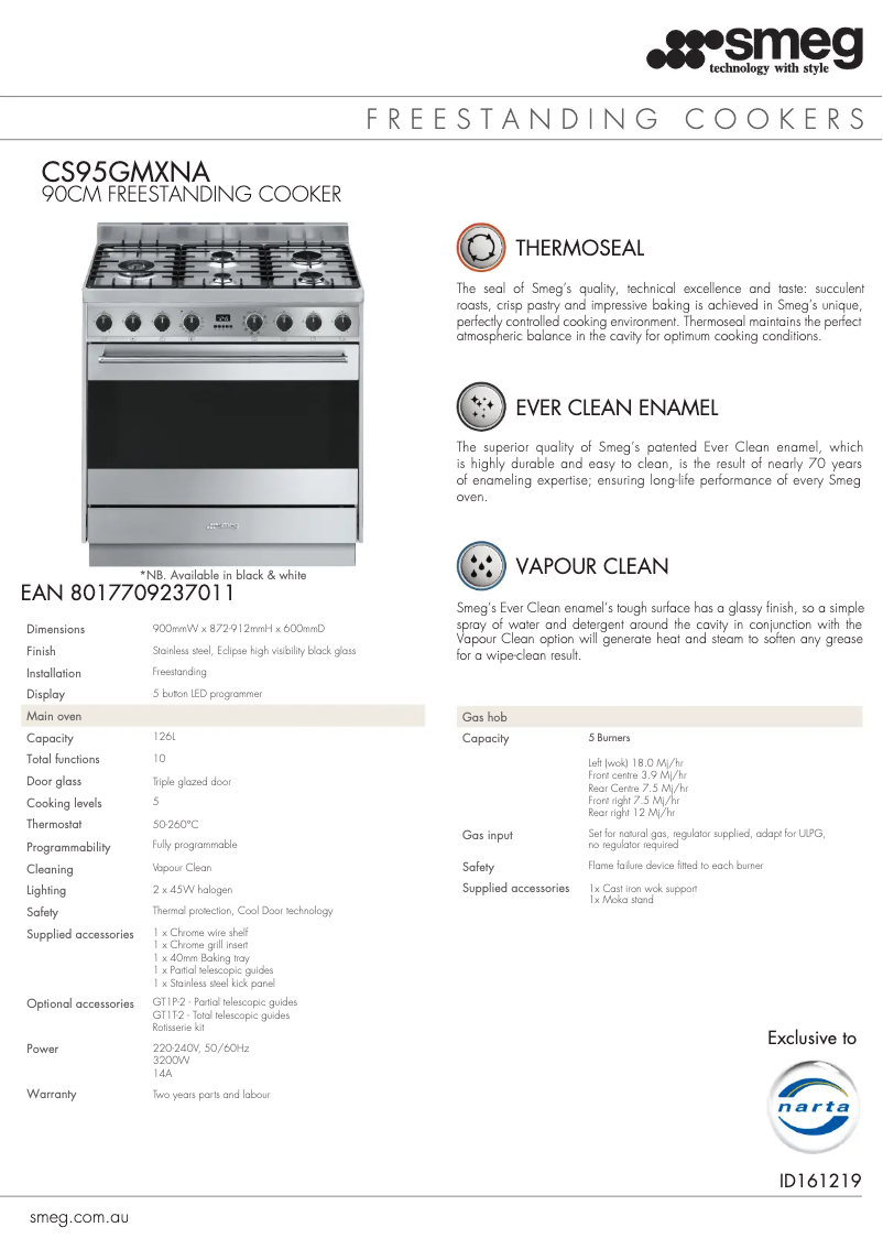 Page 1 de la notice Fiche technique Smeg CS95GMXNA