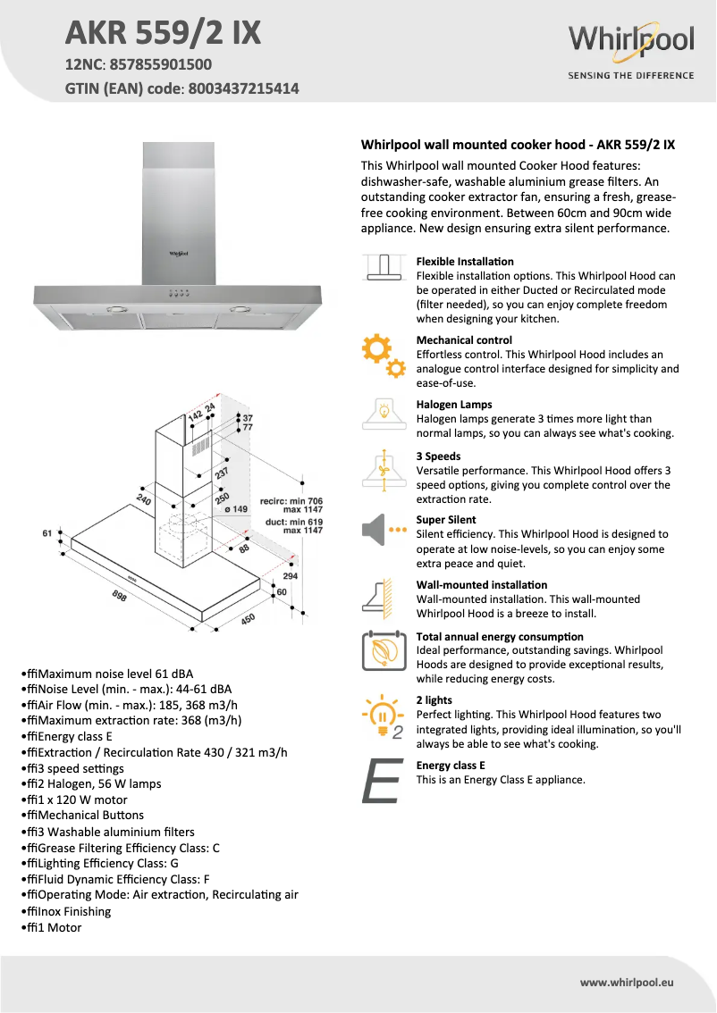 Page 1 de la notice Fiche technique Whirlpool AKR 559/2 IX
