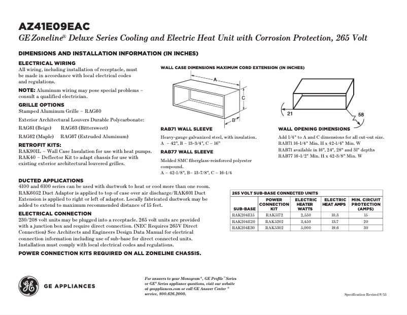 Page n°1 - Fiche technique GE AZ41E09EAC Zoneline