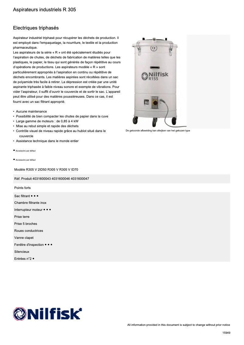 Page 1 de la notice Fiche technique Nilfisk R155