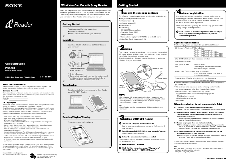 Page n°1 - Guide d'installation Sony Reader PRS-500