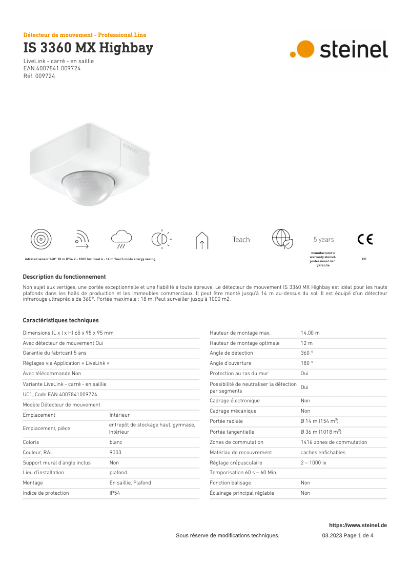 Page 1 de la notice Fiche technique Steinel IS 3360