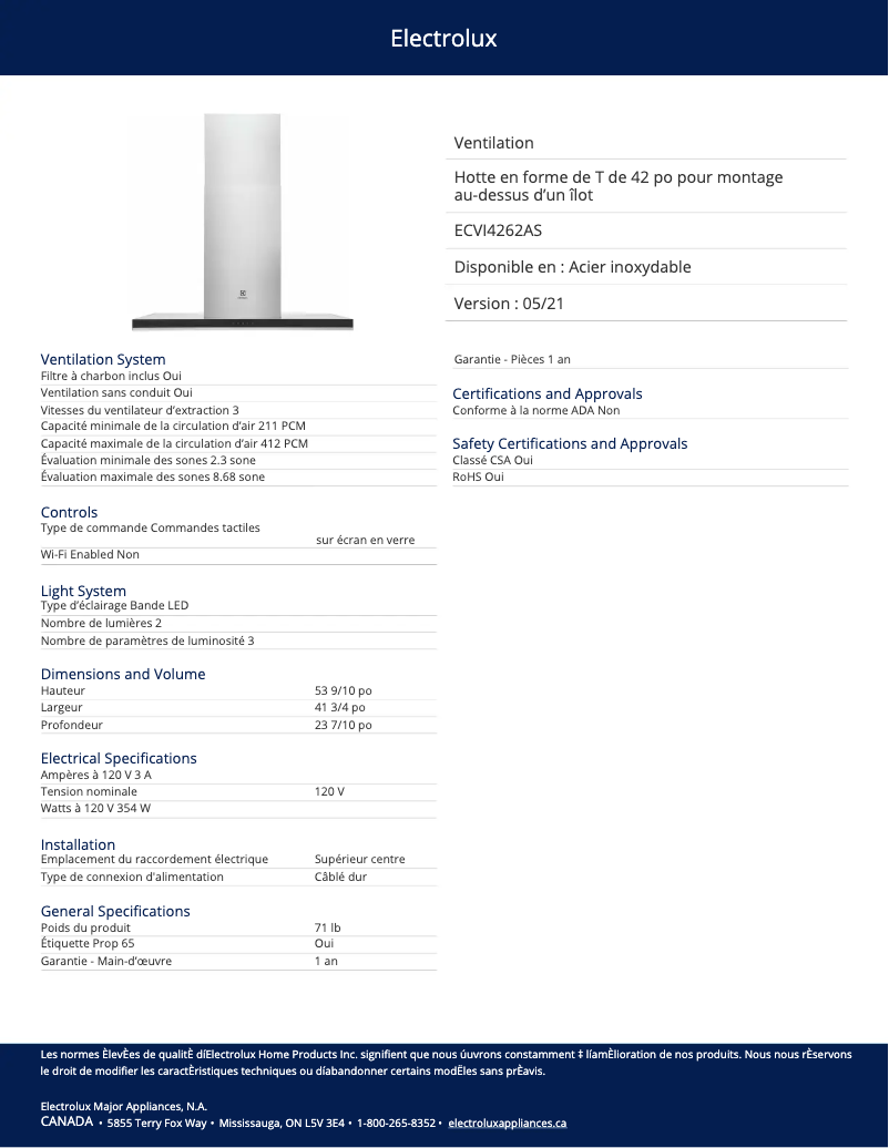 Page 1 de la notice Fiche technique Electrolux ECVI4262AS