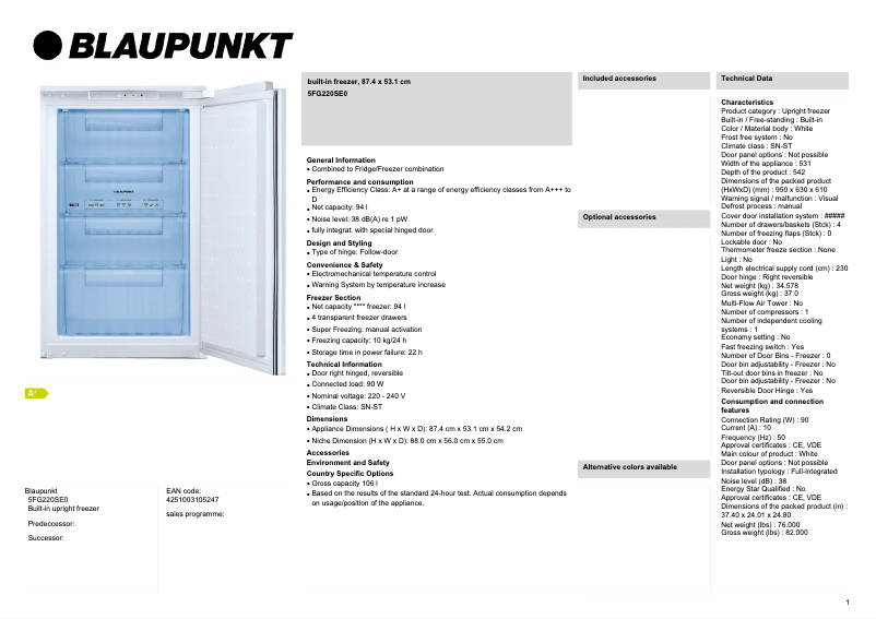 Page 1 de la notice Fiche technique Blaupunkt 5FG220SE0
