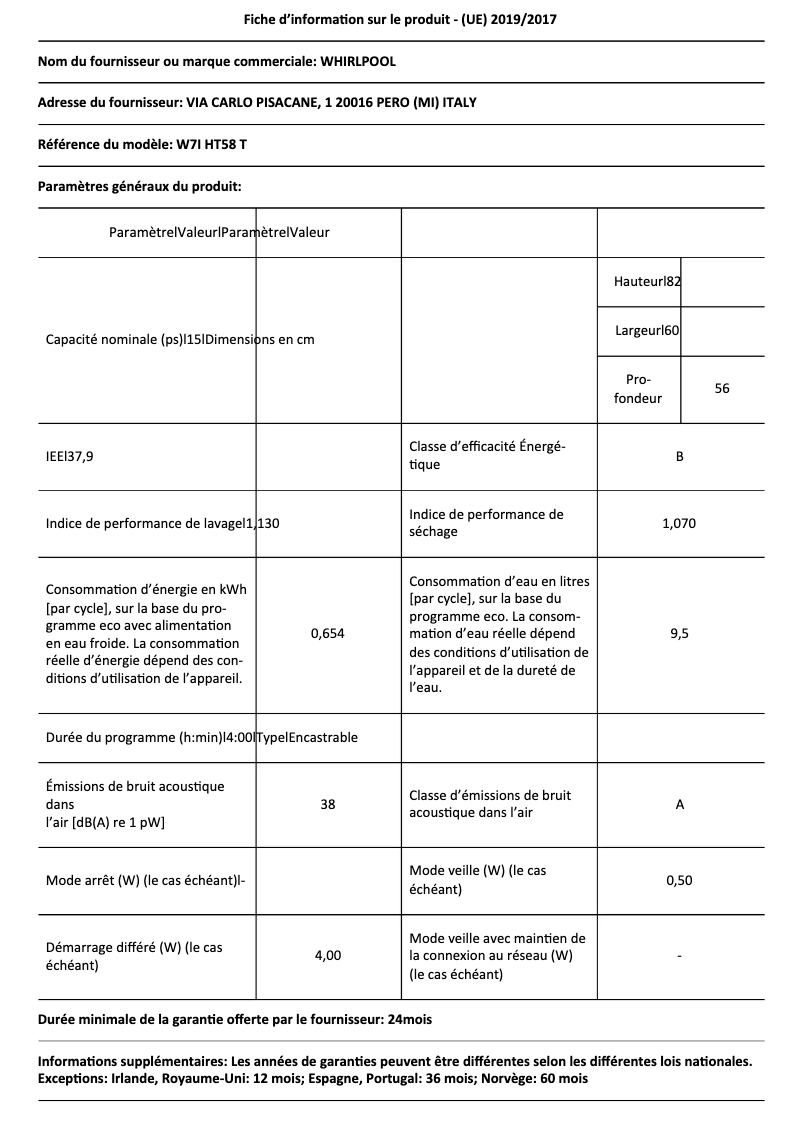 Page 1 de la notice Fiche technique Whirlpool W7I HT58 T
