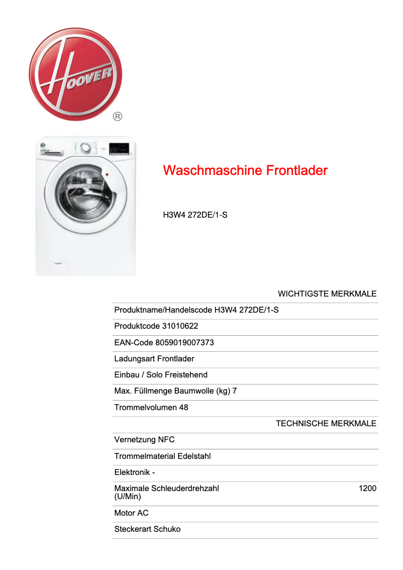 Page n°1 - Fiche technique Hoover H3W4 272DE/1-S