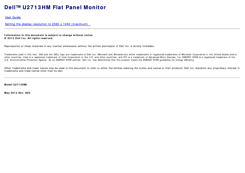 Page 1 de la notice Manuel utilisateur Dell Ultrasharp U2713HM