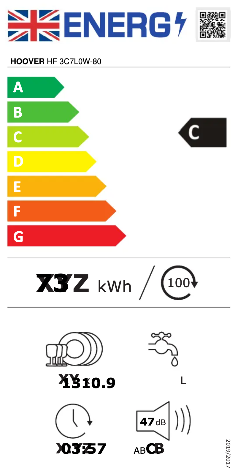 Page n°1 - Label énergétique Hoover HF 3C7L0W-80