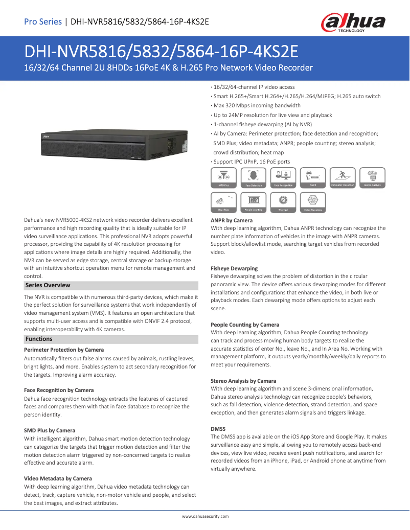 Page n°1 - Fiche technique Dahua Technology NVR5816-16P-4KS2E