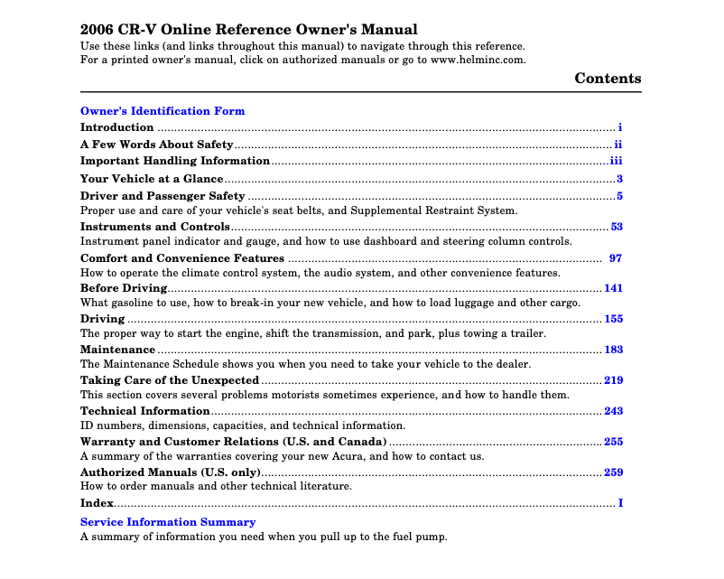 Imagen de la primera página del manual del dispositivo CR-V (2006)