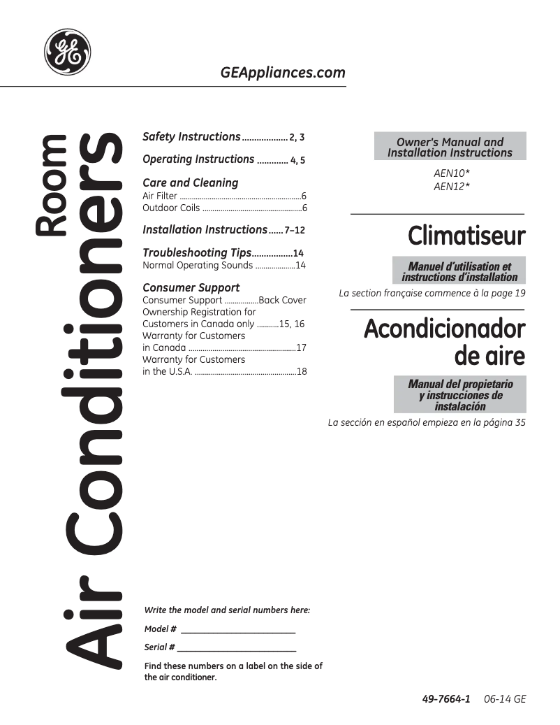 Page 1 de la notice Mode d'emploi GE AEN10AQ