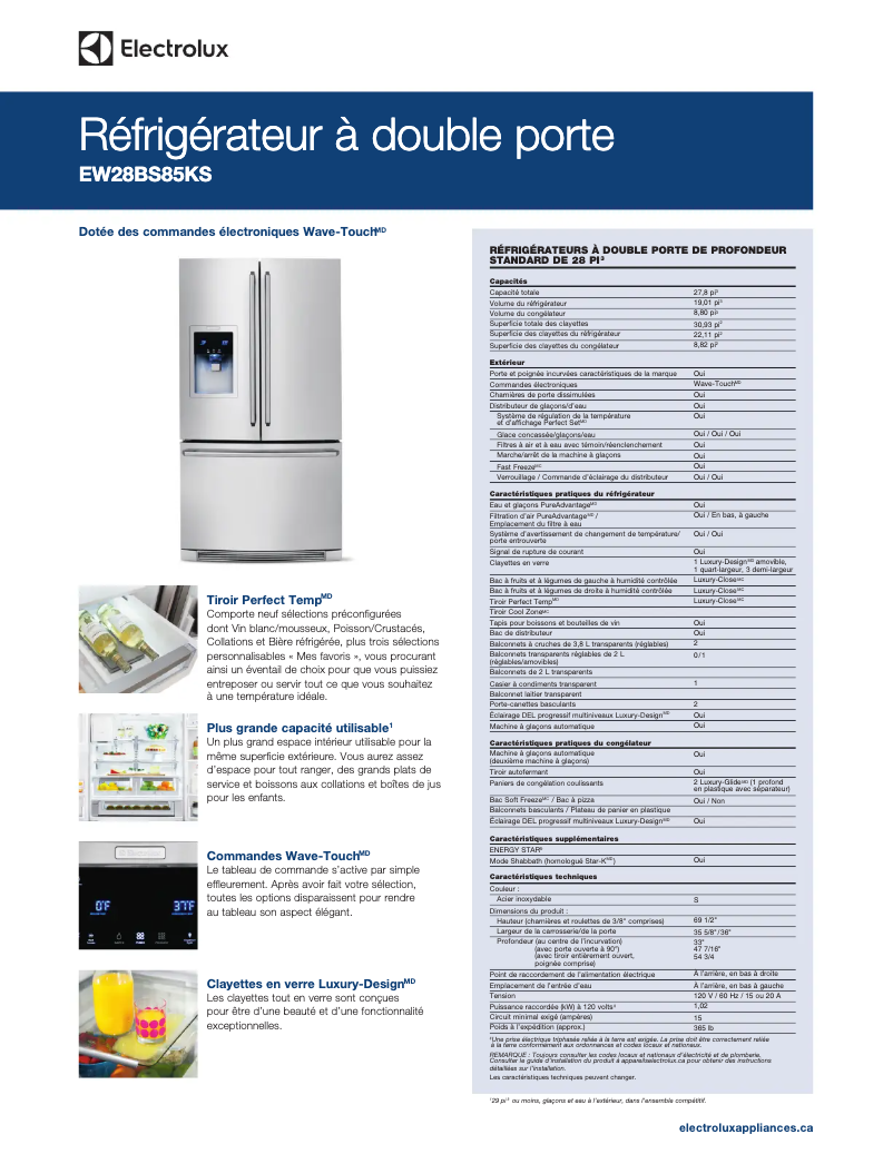 Page 1 de la notice Fiche technique Electrolux EW28BS85KS
