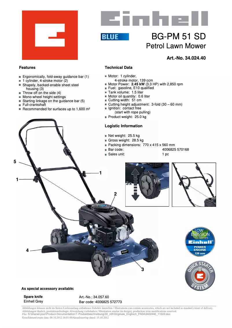 Page n°1 - Fiche technique Einhell BG-PM 51 SD