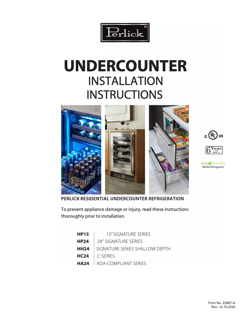 Page 1 de la notice Guide d'installation Perlick HC24RO-3-1L