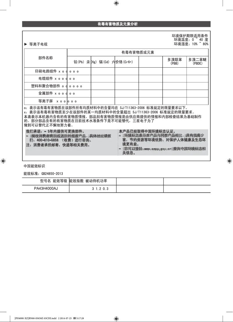 Page 1 de la notice Manuel utilisateur Samsung PA43H4000AJ