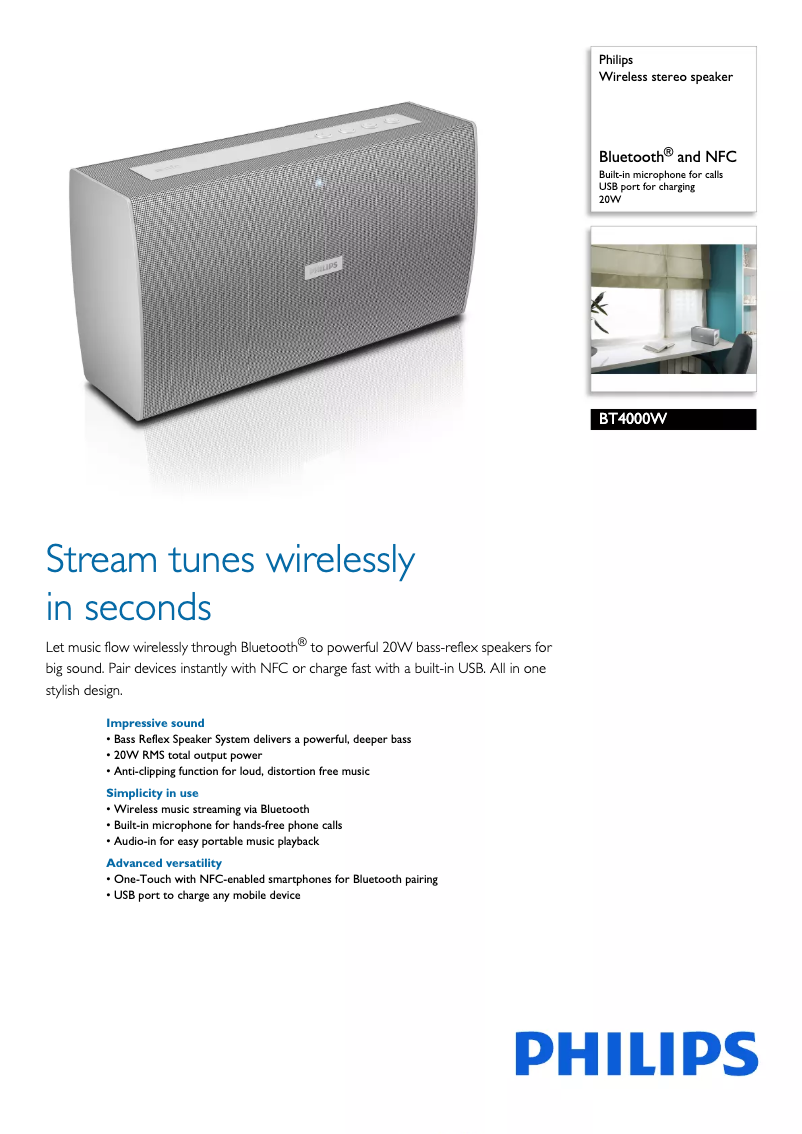 Page 1 de la notice Fiche technique Philips BT4000W